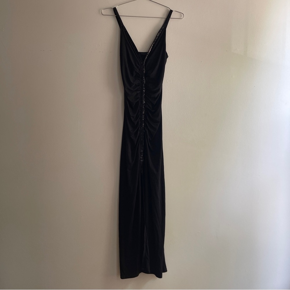 Black Ruched Sequined Slip Dress with V-Neck and Slit